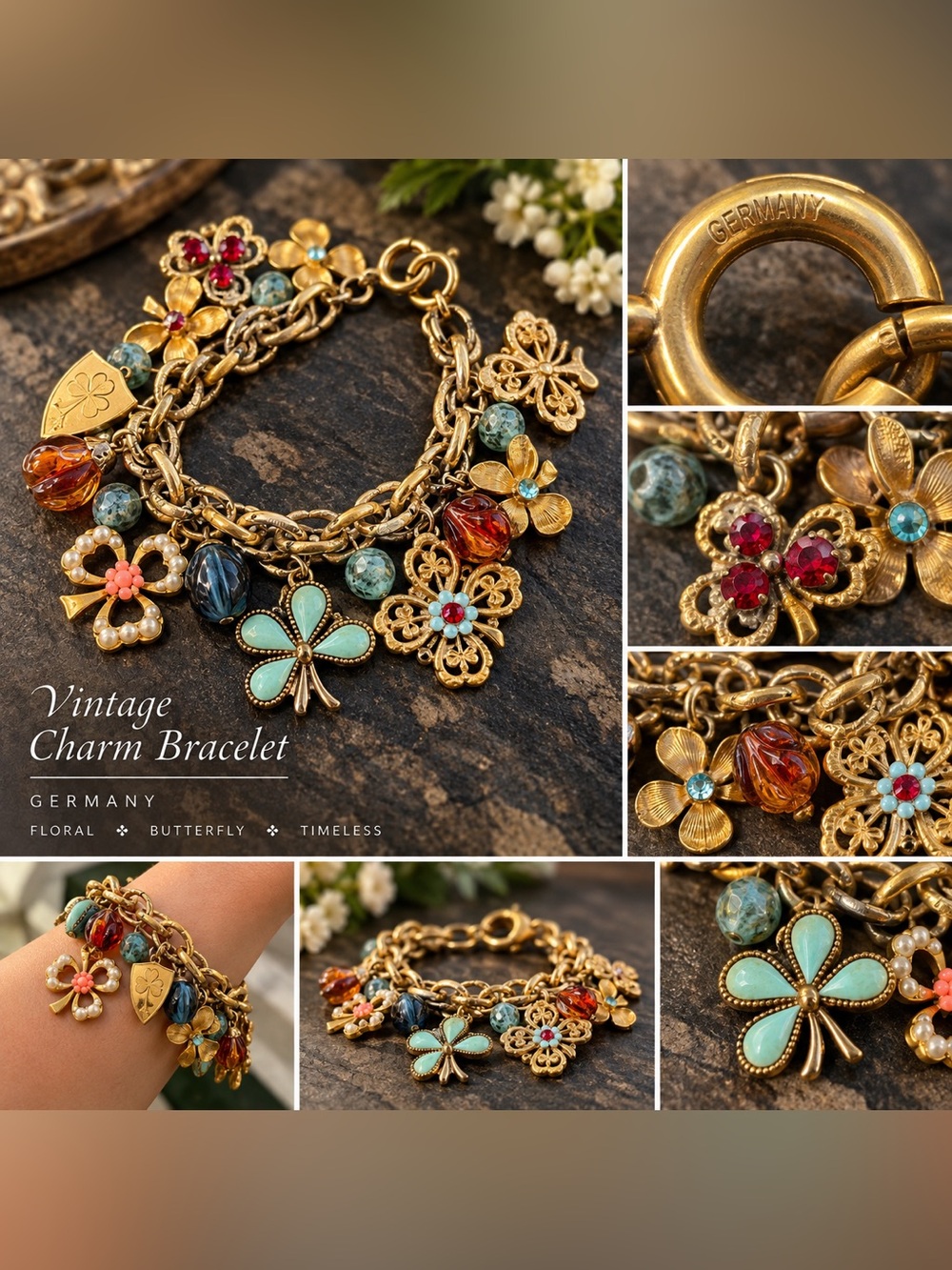 Vintage Gold Floral & Turquoise Clover Charm Bracelet